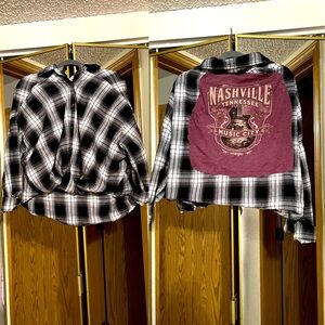 Women’s flannel with Tennessee Music t-shirt sewn onto back by seller.